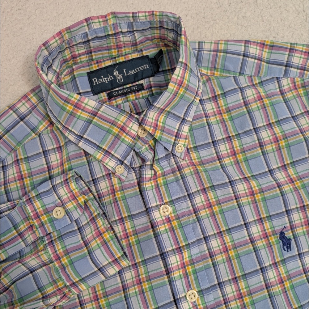 Ralph Lauren Classic Fit Pastel Plaid Button Down Dress Shirt - Men's Small Blue